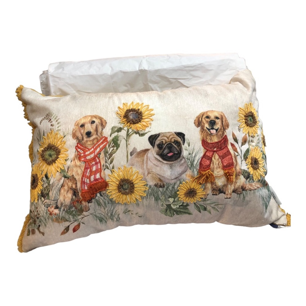 Sunflowers and puppy dog printed fringed rectangular decor accent pillow‎ new